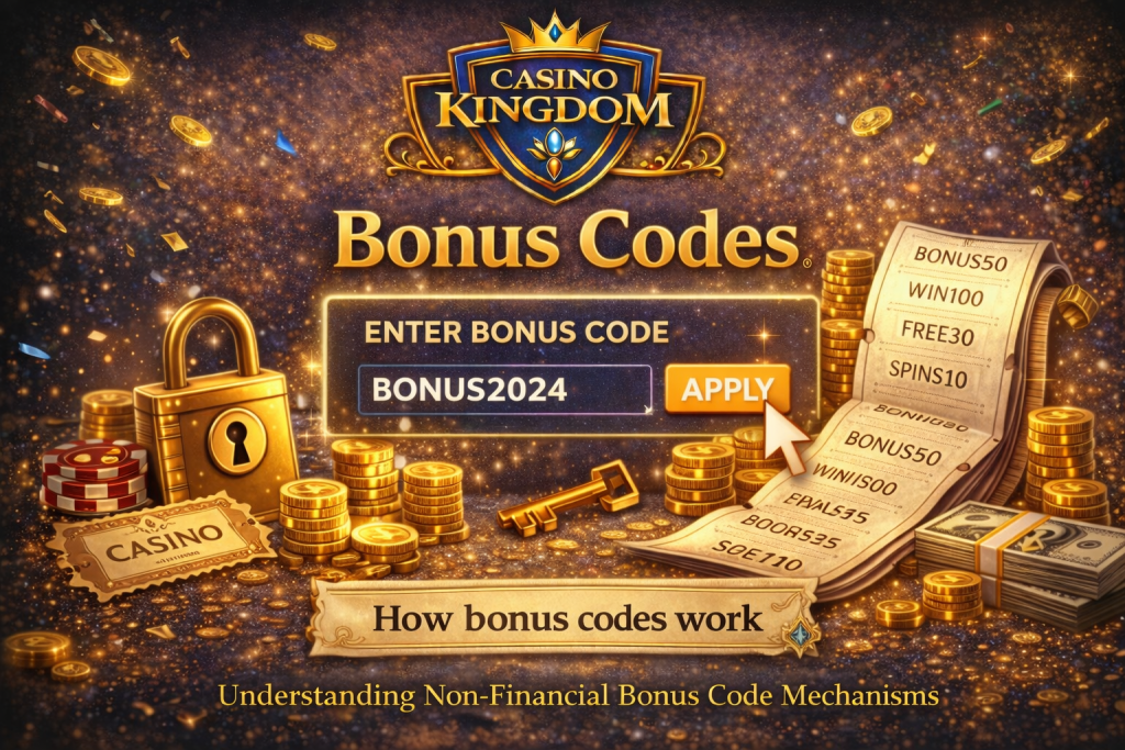 Casino Kingdom bonus code banner with chips, coins, and a bonus code entry field highlighting available rewards