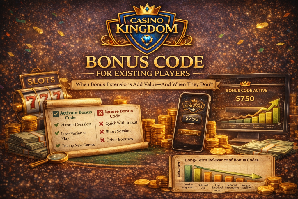 Bonus code for existing players banner at Casino Kingdom, featuring the Casino Kingdom logo, gold coins, a slot machine, a smartphone with an active bonus code, and visual elements illustrating how bonus codes add value for returning players.