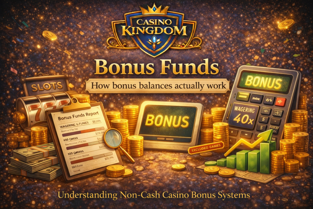 Bonus funds banner for Casino Kingdom showing how bonus balances work, with the Casino Kingdom logo, wagering calculator, progress indicators, and coins illustrating non-cash bonus mechanics and wagering requirements.