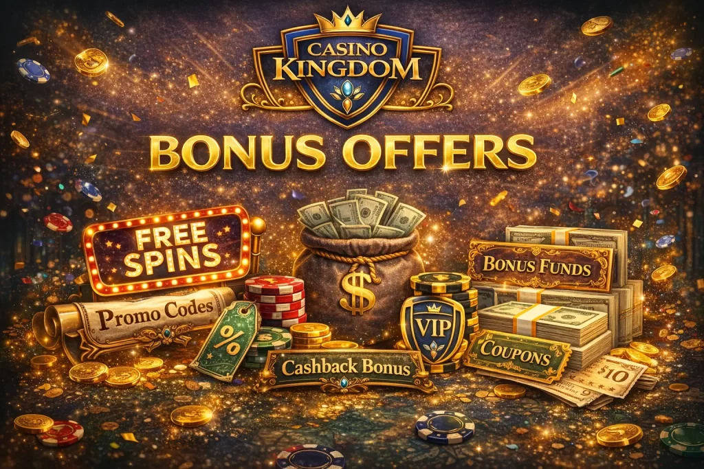 Decorative banner image for the Casino Kingdom bonus offers page, featuring the Casino Kingdom logo with visual elements representing different bonus types, used to introduce an informational overview of bonus offers without implying guaranteed winnings.