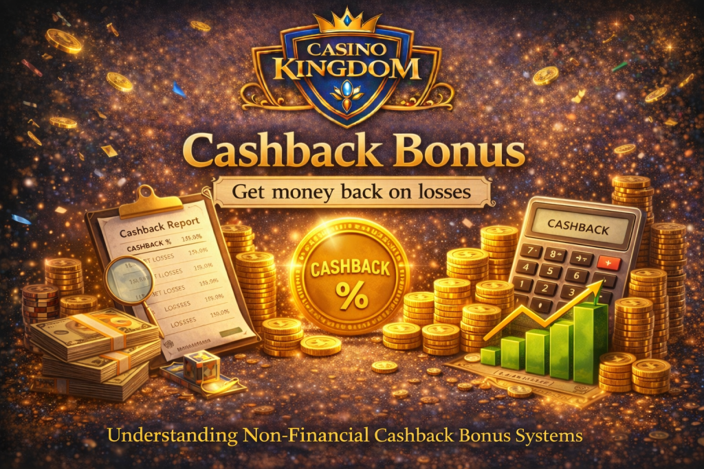 Cashback bonus banner for Casino Kingdom showing percentage refund on losses with coins, calculator, and cashback report in a premium casino style.