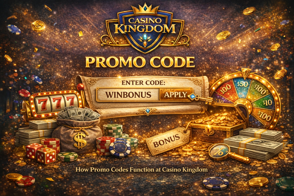 Decorative header illustration for the Casino Kingdom promo code page, featuring the Casino Kingdom logo alongside stylized elements such as a promo code ticket, casino chips, and gaming symbols, used to visually introduce an informational overview of promo codes without implying guaranteed rewards or financial outcomes.