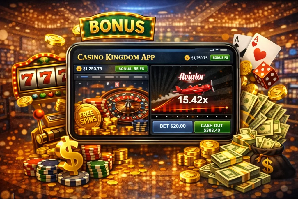 Casino Kingdom mobile app interface displayed on a smartphone with secure login, games access, bonuses and account features in a horizontal banner format