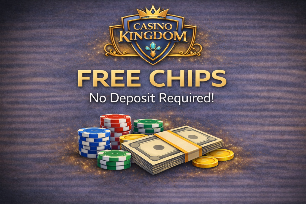 Decorative header illustration for a Casino Kingdom free chips page, featuring the Casino Kingdom logo above a stack of colorful casino chips and bundled banknotes, used to visually introduce an article about free chips without implying guaranteed winnings or financial outcomes.