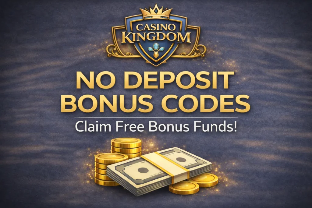 Decorative illustration representing a no deposit bonus code at Casino Kingdom, showing bonus funds as gold coins and stacked banknotes, used to visually support an article about no-deposit bonuses without implying guaranteed winnings or promotional pressure.