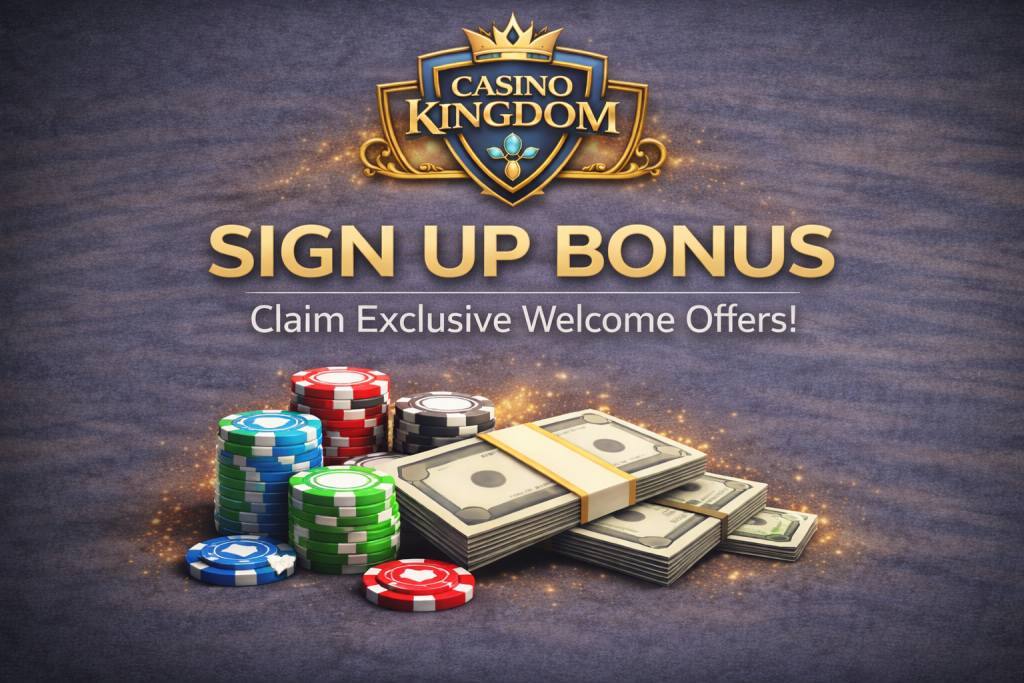 Decorative illustration for Casino Kingdom sign up bonus showing the Casino Kingdom logo above a group of colorful casino chips and bundled banknotes, used as a visual header for an article about sign-up bonuses without implying guaranteed winnings.