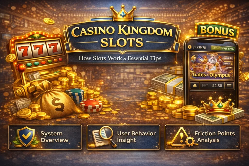 Slots system at Casino Kingdom showing how slot games operate through independent providers, stable platform controls, player account management, and session synchronization with an illustrative slot volatility distribution chart.