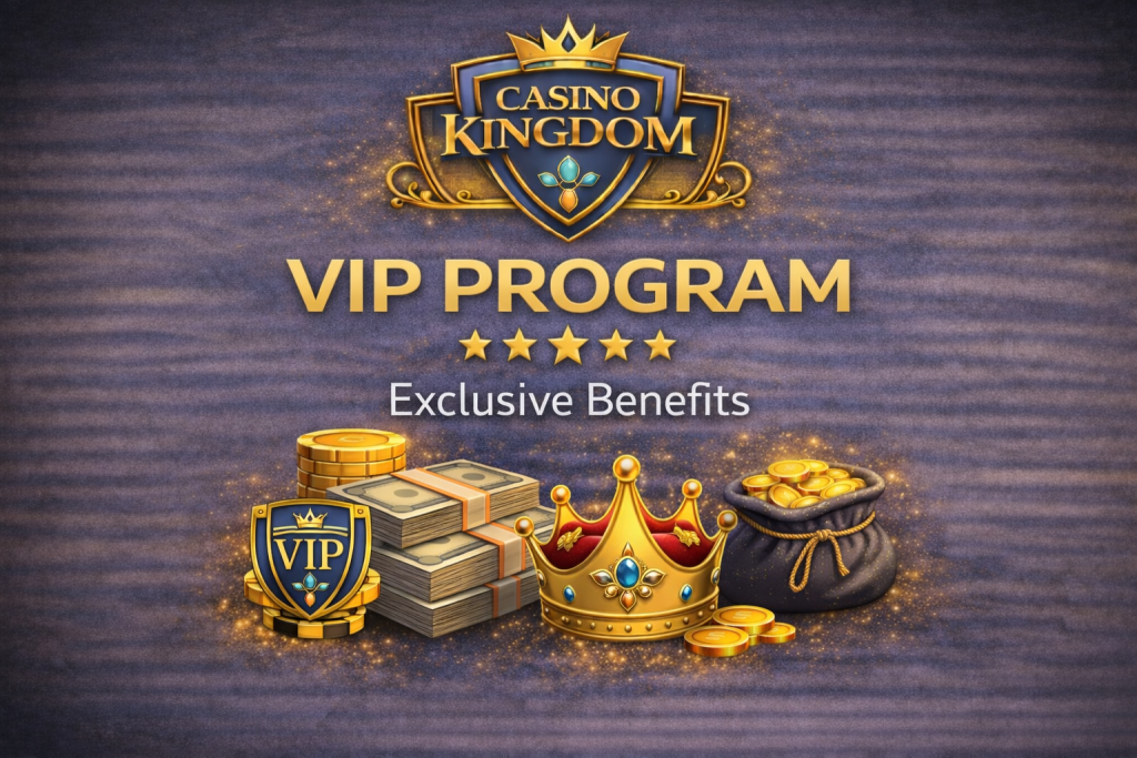 Decorative header illustration for the Casino Kingdom VIP Program page, featuring the Casino Kingdom logo above a crown and premium casino elements, used to visually support an article about VIP status, account privileges, and long-term player programs without implying guaranteed rewards or financial outcomes.
