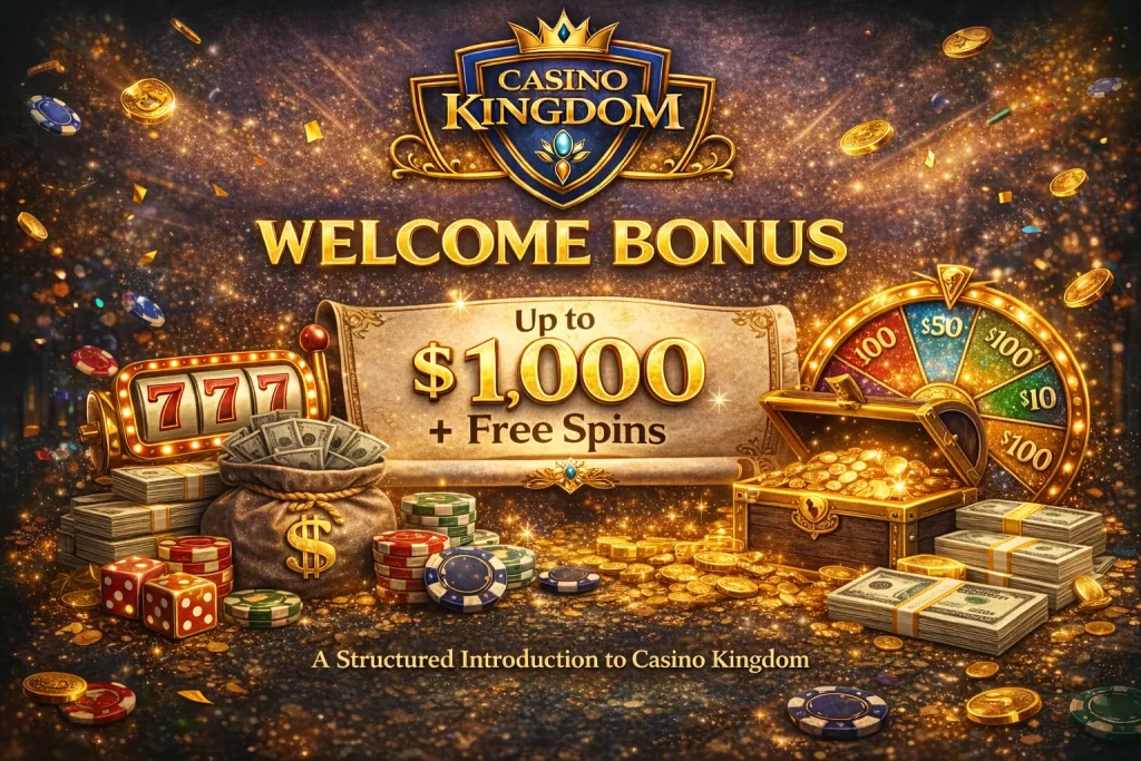 Decorative header illustration for the Casino Kingdom welcome bonus page, featuring the Casino Kingdom logo with stylized casino elements such as chips, a slot machine, and a bonus banner, used to visually introduce an informational article about the welcome bonus without implying guaranteed winnings or financial outcomes.
