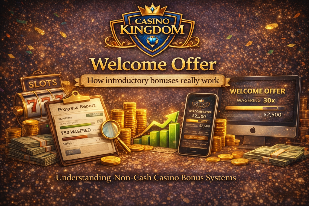 Welcome offer banner for Casino Kingdom showing how a welcome bonus works, with the Casino Kingdom logo, wagering progress indicators, bonus balance display, and illustrative charts in a premium casino-style design.