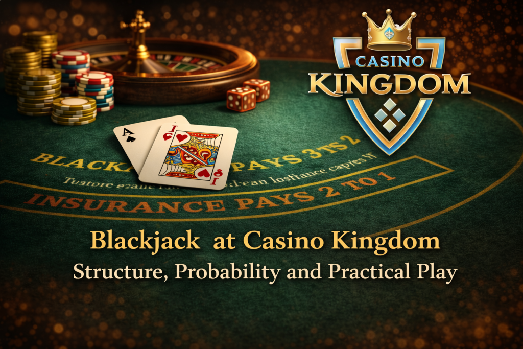 Blackjack table at Casino Kingdom featuring classic green felt layout, playing cards, casino chips, and the Casino Kingdom logo