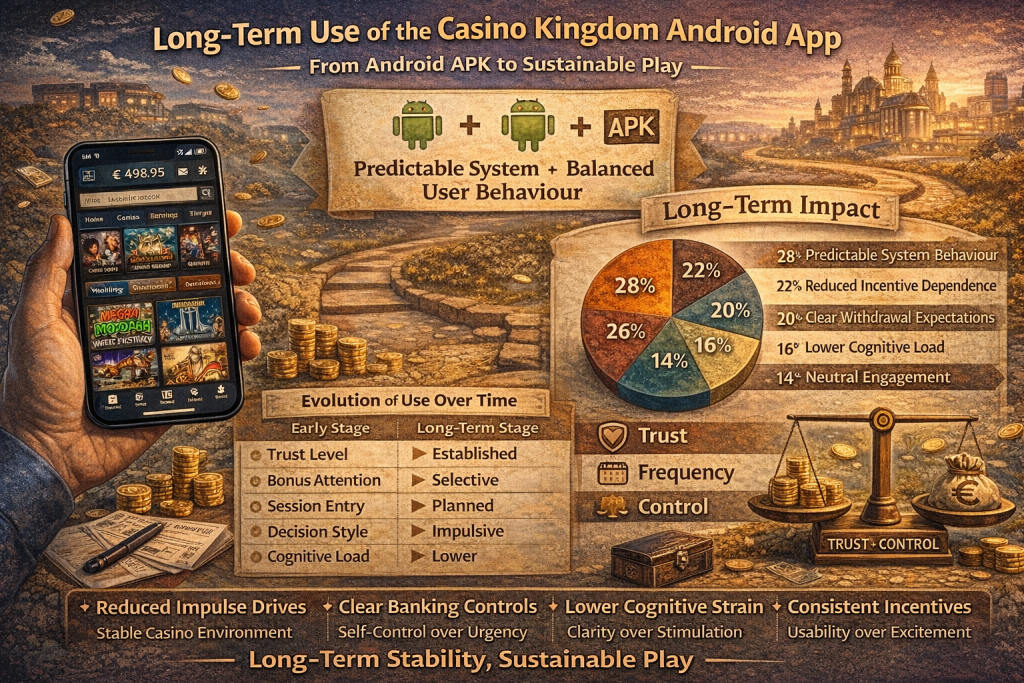 Casino Kingdom Android app long-term use illustration showing stable gameplay, predictable system behavior, reduced incentive pressure, and controlled user sessions on Android devices.