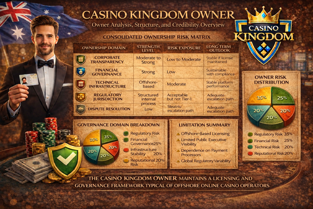 Casino Kingdom Owner promotional image featuring corporate evaluation board, logo, poker chips, shield emblem, and structured ownership risk overview.