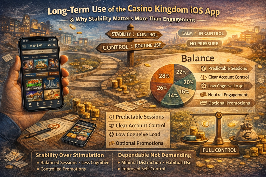 Casino Kingdom iOS app interface illustrating stable long-term gameplay, account control, clear navigation, and balanced session management on iPhone devices.
