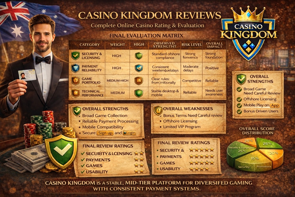 Casino Kingdom reviews promotional image featuring evaluation board, logo, roulette elements, poker chips, and overall rating presentation.