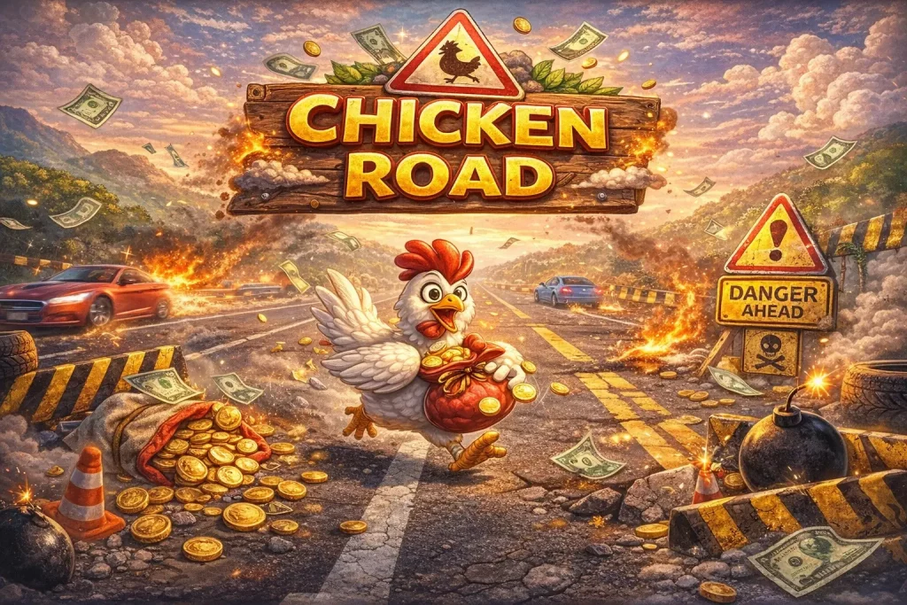 Chicken Road crash game illustration with a chicken crossing a dangerous road, multipliers, coins, and risk-based gameplay theme