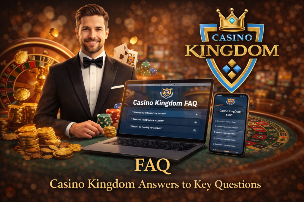 Casino Kingdom FAQ page banner featuring support icons, question marks, and a help center concept with a blue and gold casino-themed background.