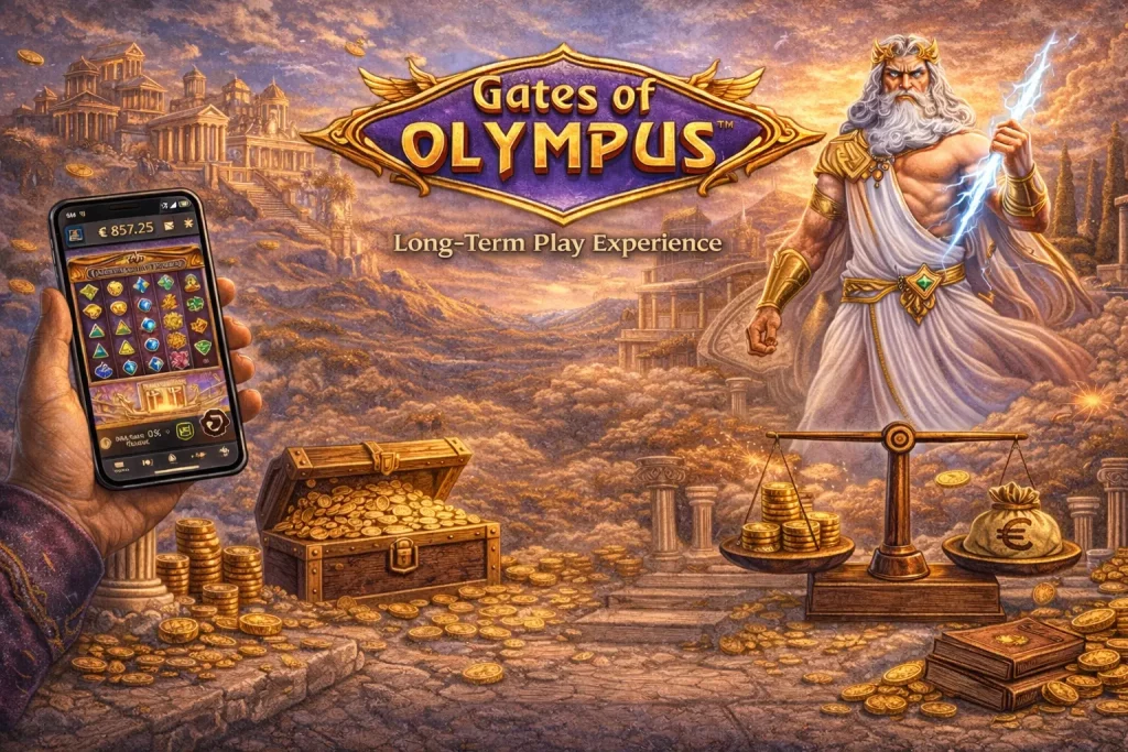 Atmospheric illustration for the Gates of Olympus slot page showing a minimalist mythological theme with Zeus, soft golden light, and a calm fantasy setting focused on mood rather than gameplay details.