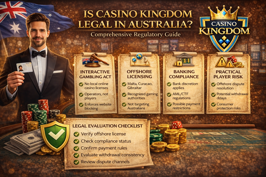 Infographic banner explaining whether Casino Kingdom is legal in Australia, showing regulatory framework, offshore licensing, banking compliance, and player risk checklist.