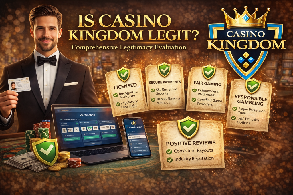 Casino Kingdom legitimacy evaluation banner showing license, secure payments, fair gaming, and responsible gambling badges with official logo.