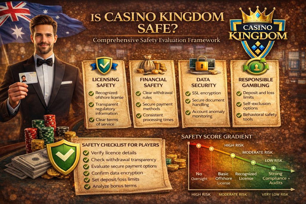 Infographic banner titled “Is Casino Kingdom Safe?” showing licensing, financial security, data protection, responsible gambling tools, and safety score gradient with Casino Kingdom branding.