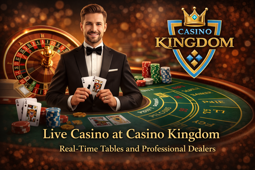 Live Casino at Casino Kingdom featuring professional dealer, roulette wheel, and gaming chips in a premium casino atmosphere