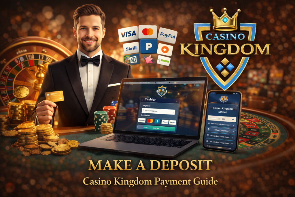 Man holding a gold card at Casino Kingdom cashier interface with laptop, mobile device, roulette table and payment method icons in the background.