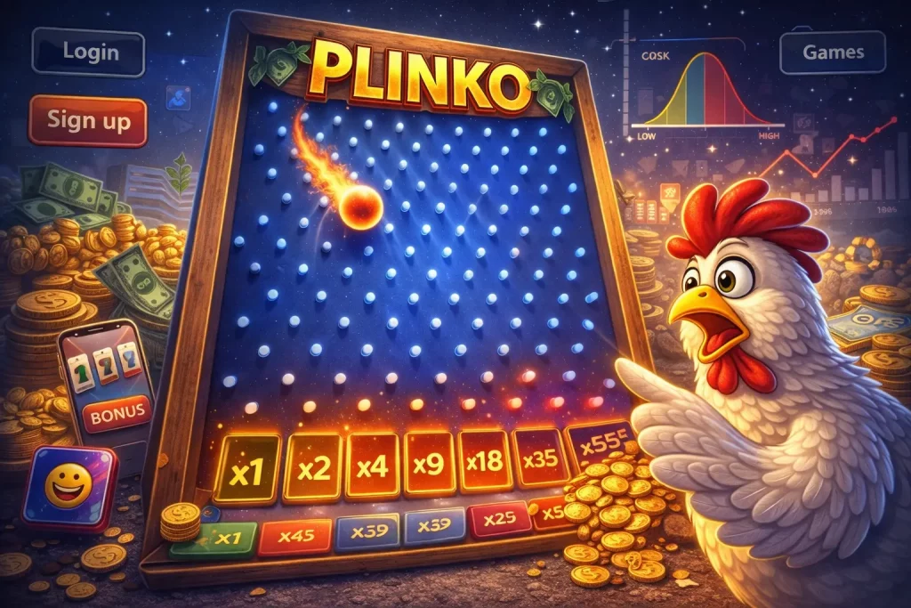Plinko casino game illustration with a vertical peg board, falling ball, multipliers at the bottom, and a playful casino-themed atmosphere focused on chance and probability.