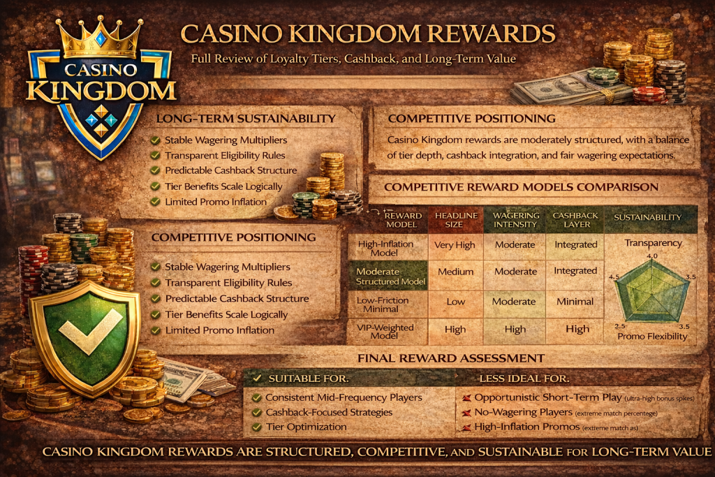 Casino Kingdom Rewards infographic showing loyalty tiers, cashback structure, sustainability model, competitive positioning comparison table, and long-term reward assessment with gold shield and casino chips background.