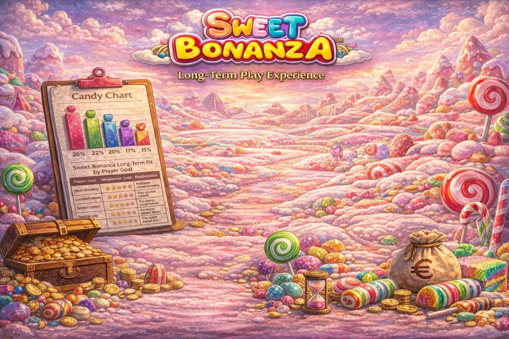 Sweet Bonanza slot illustration with a colorful candy landscape, pastel sky, sugar hills, and playful sweet-themed elements creating an immersive and relaxing casino atmosphere.