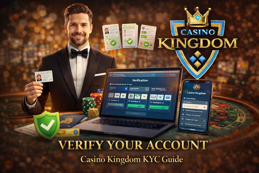 Casino Kingdom account verification page illustration showing ID check process on laptop and mobile device with security shield and official logo.