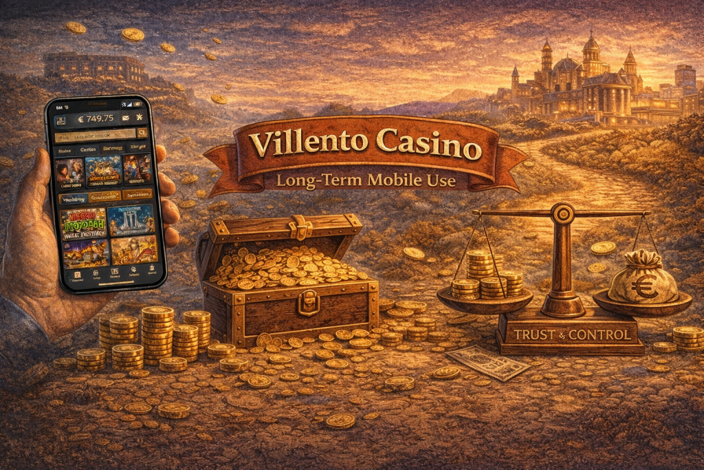 Villento Casino mobile experience illustration showing long-term play atmosphere with a smartphone, casino symbols, and a calm, balanced gaming environment focused on trust and stability.