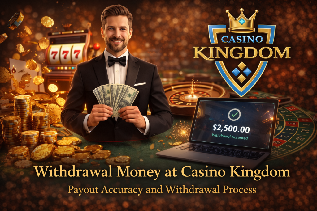 Casino Kingdom Withdrawal Money page banner featuring secure payment icons, payout confirmation visuals, and a blue-gold casino background emphasizing fast and safe withdrawals.