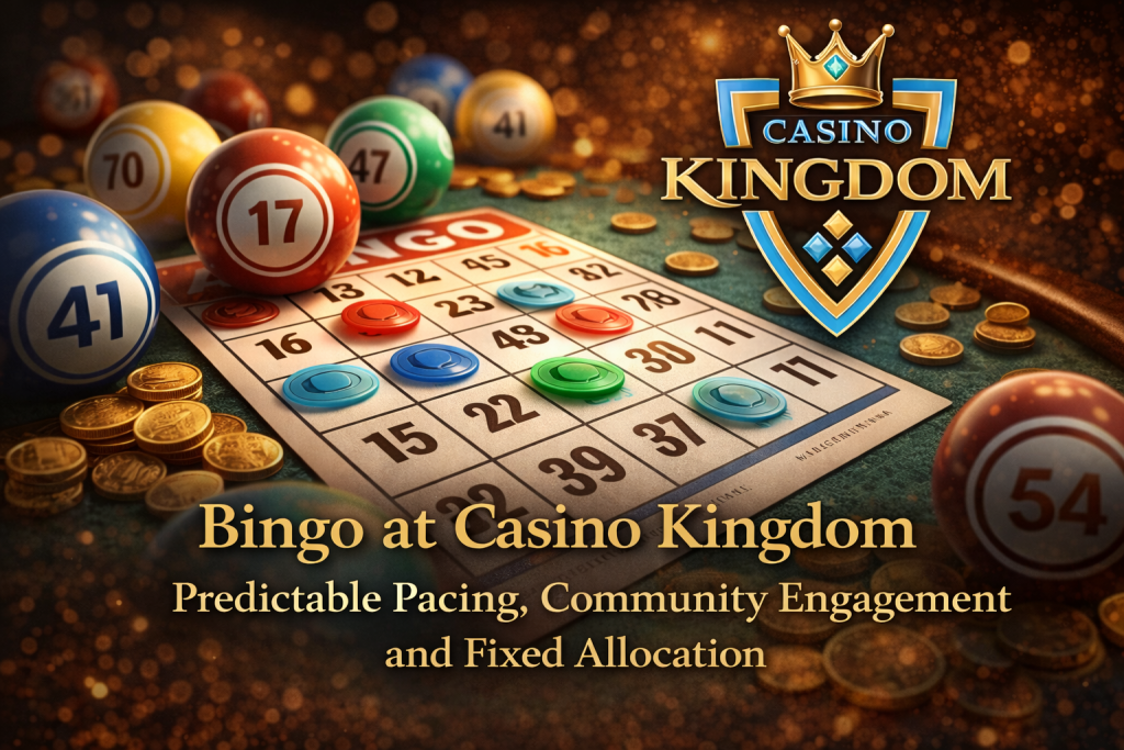 Online Bingo game at Casino Kingdom featuring a bingo card with colorful markers, numbered balls and gold coins on a warm golden background.