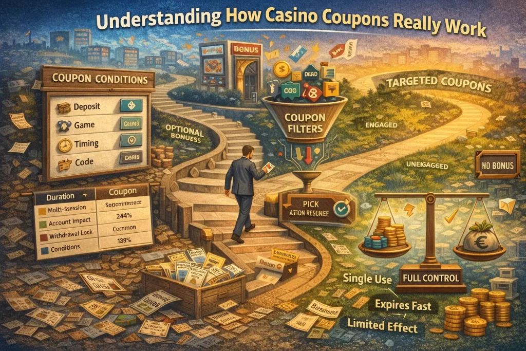 Illustration for the Casino Kingdom coupons page showing how casino coupons work, with visual paths for optional bonuses, coupon conditions, targeted offers, and balance control, designed to support an explanatory article about coupon mechanics without implying guaranteed winnings.