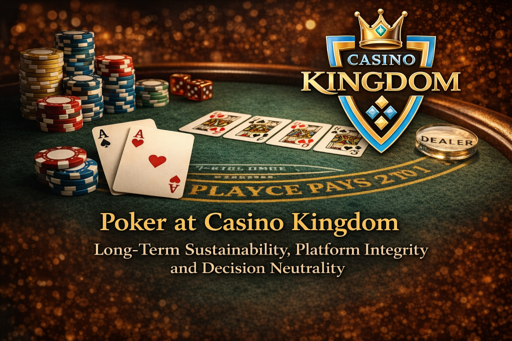 Poker table at Casino Kingdom featuring playing cards, stacked casino chips, green felt layout, and the Casino Kingdom logo