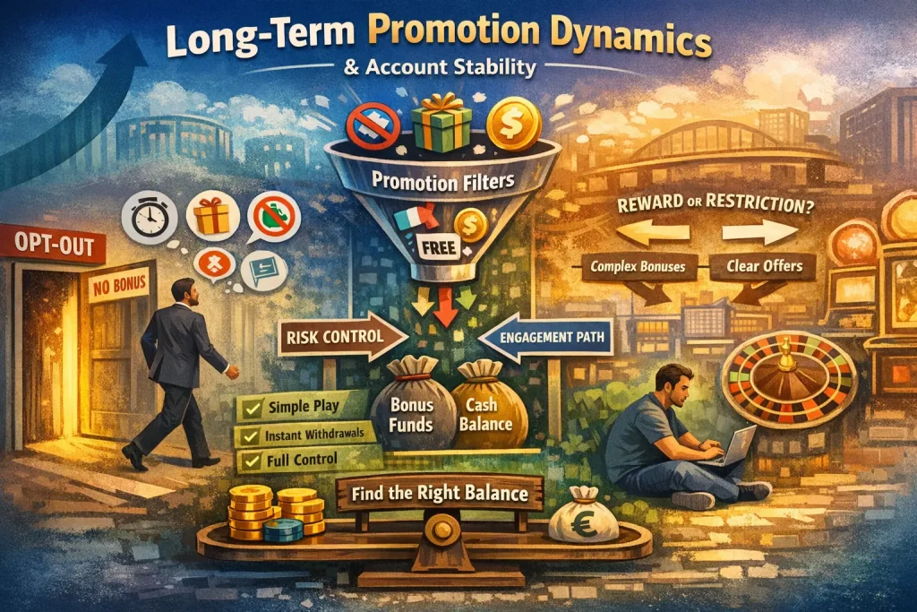 Long-term promotion dynamics illustration showing how casino promotions influence account stability, with visual elements of opt-out choices, bonus filters, balance control, and the contrast between complex bonuses and clear offers.