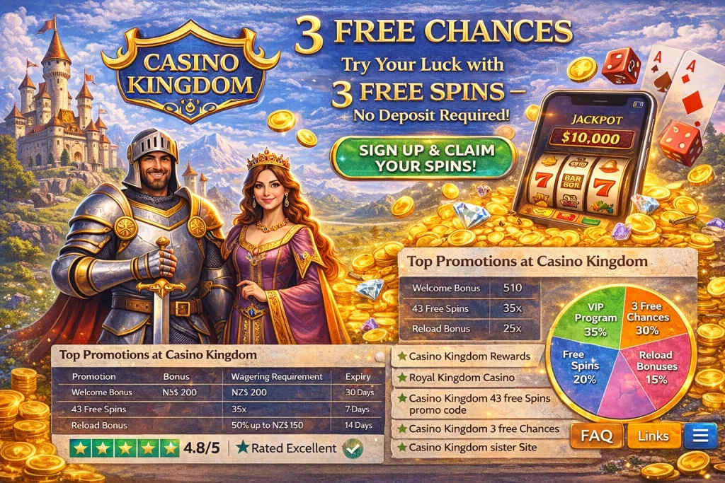 Casino Kingdom promotional banner featuring a knight and queen standing in front of a grand castle with floating coins. The image showcases the 3 Free Spins promotion, with a call-to-action 'Sign Up & Claim Your Spins!' A mobile phone shows a jackpot of $10,000, and the bottom section includes a pie chart highlighting top promotions such as Welcome Bonus, 43 Free Spins, and Reload Bonus
