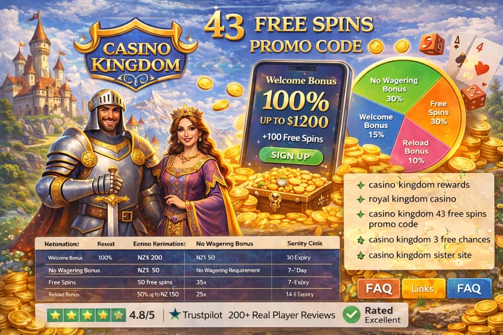 Casino Kingdom promotional image showcasing a knight and queen in a medieval fantasy setting. The image highlights the 43 Free Spins Promo Code, featuring a 100% Welcome Bonus up to $1200 + 100 Free Spins, and includes a pie chart detailing the promotion breakdown. There are also references to sister sites and rewards program.