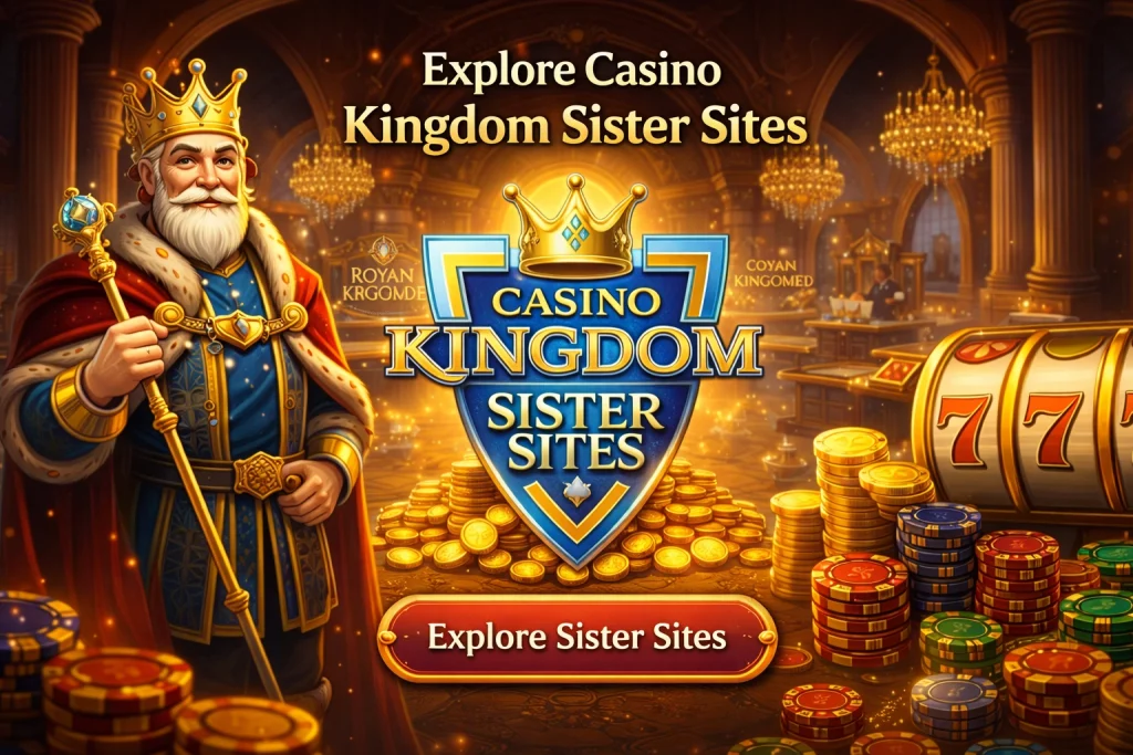 Casino Kingdom sister sites promotional banner showing a royal king character inside a luxury casino hall with gold coins, poker chips and a slot machine. The image highlights the Casino Kingdom brand and invites players to explore related casino sites and bonus opportunities.
