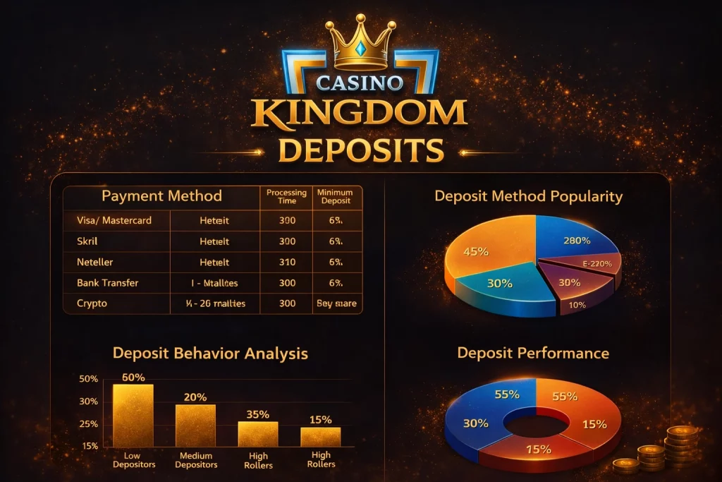 Casino Kingdom Deposits infographic showing payment methods, deposit options, charts and secure transaction system