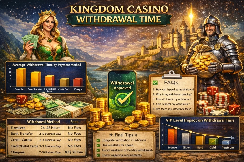 Kingdom Casino withdrawal time promotional illustration featuring a fantasy theme. The image includes a smiling knight and queen, a smartphone displaying 'Withdrawal Approved,' and a background with financial charts and withdrawal methods, highlighting the ease and speed of withdrawals for players at Kingdom Casino.