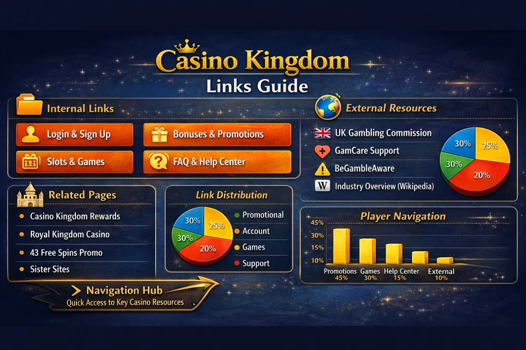 Casino Kingdom Links guide infographic showing internal casino links, external gambling resources, and navigation statistics