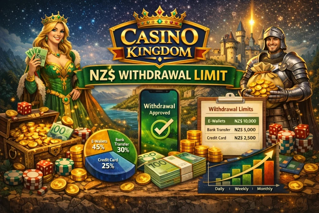 "Casino Kingdom NZ$ Withdrawal Limit promotional banner with a medieval theme. A smiling queen and knight flank a smartphone showing 'Withdrawal Approved,' with a treasure chest of gold coins, a withdrawal method chart, and financial trends showing NZ$ limits for e-wallets, bank transfers, and credit cards