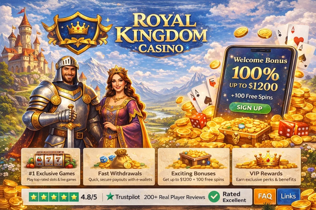 Royal Kingdom Casino promotional image featuring a knight and queen standing proudly with a castle backdrop. The image includes the casino logo, a smartphone displaying a Welcome Bonus of 100% up to $1200 and 100 free spins, piles of coins, dice, and cards. The image highlights the casino’s top-rated games, fast withdrawals, exciting bonuses, and VIP rewards.