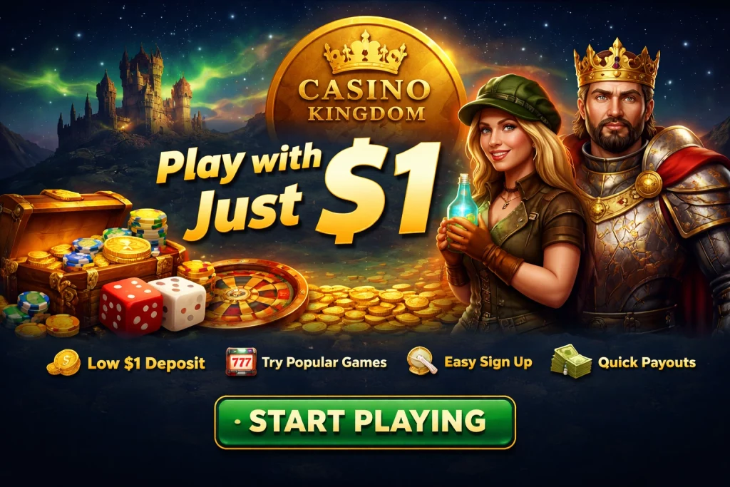 Casino Kingdom $1 Dollar Deposit banner with gold coins, low minimum deposit promotion, and online casino interface elements on a clean transparent-style background