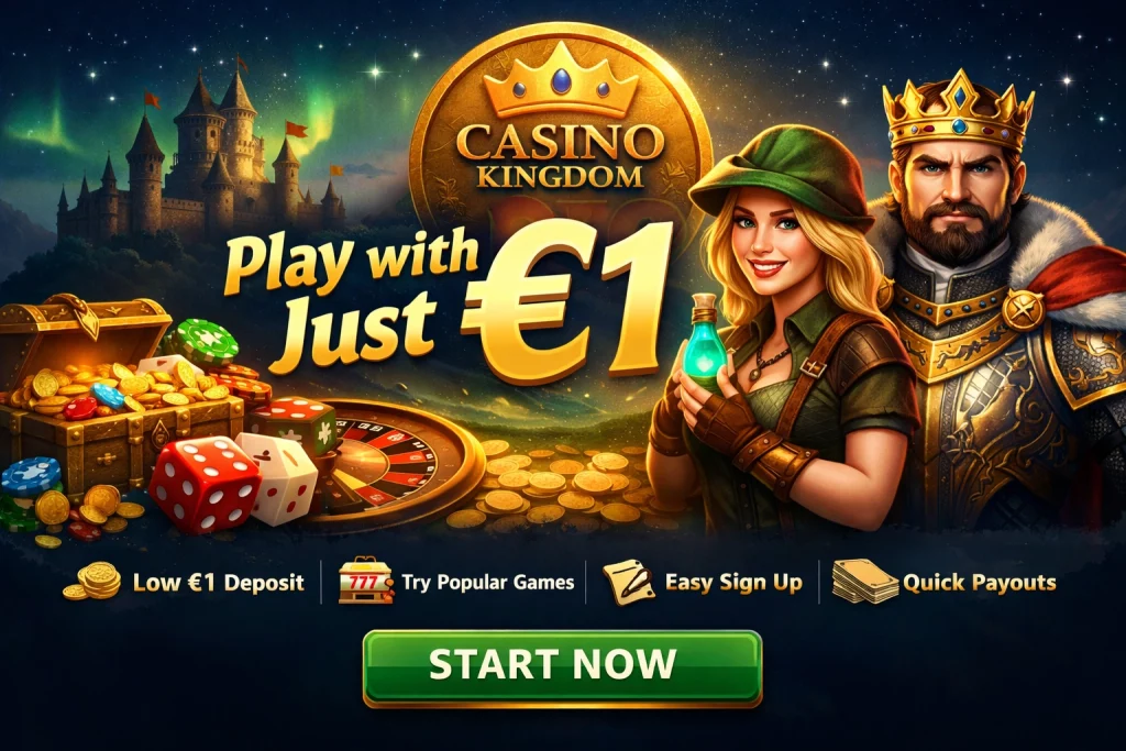 Casino Kingdom €1 deposit banner featuring casino characters, gold coins, roulette wheel, and “Play with just €1” promotional text in a horizontal layout