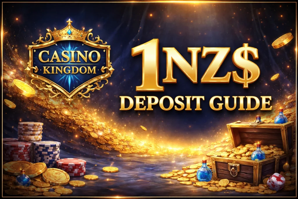 Casino Kingdom 1NZ$ deposit guide banner with gold coins, treasure chest, and luxury casino theme