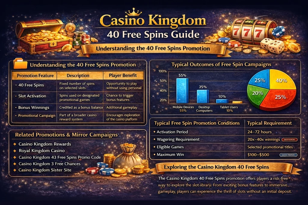 Casino Kingdom 40 Free Spins promotion guide infographic with slot machine, gold coins, and charts explaining the free spins bonus offer.