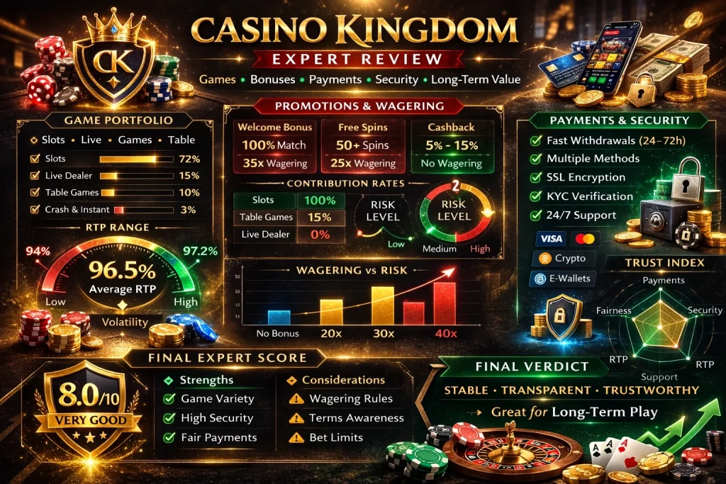Casino Kingdom Expert Review infographic featuring payment and withdrawal process, promotion fairness, RTP and volatility chart, security shield icon, and final expert score dashboard on a dark gold casino-themed background.